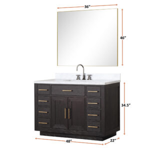 Abbey 48W x 22D Black Oak Single Bath Vanity, Carrara Marble Top, Faucet Set, and 46Mirror