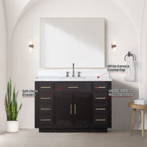 Abbey 48W x 22D Black Oak Single Bath Vanity, Carrara Marble Top, Faucet Set, and 46Mirror