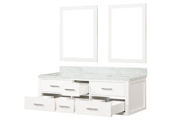 Castor 60W x 22D White Double Bath Vanity, Carrara Marble Top, and 28Mirrors