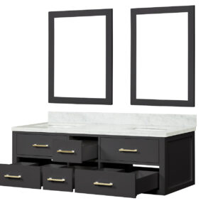 Castor 60W x 22D Black Double Bath Vanity, Carrara Marble Top, and 28Mirrors