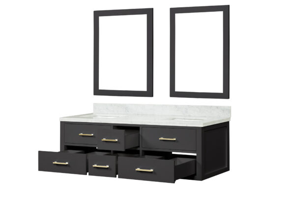 Castor 60W x 22D Black Double Bath Vanity, Carrara Marble Top, and 28Mirrors