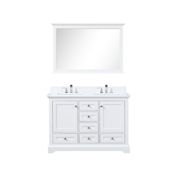 Dukes 48 in. W x 22 in. D White Double Bath Vanity, White Quartz Top, Faucet Set, 46 in. Mirror