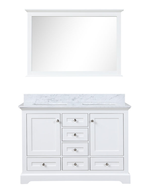 Dukes 48 in. W x 22 in. D White Double Bath Vanity, Carrara Marble Top, and 46 in. Mirror