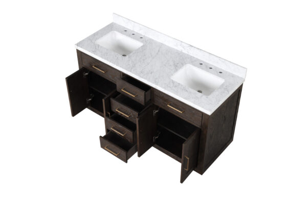 Abbey 60W x 22D Brown Oak Double Bath Vanity and Carrara Marble Top