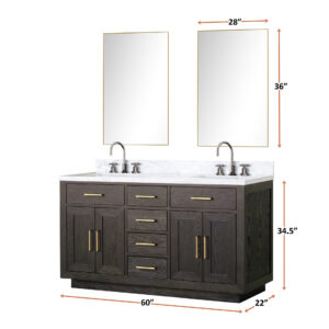 Abbey 60W x 22D Brown Oak Double Bath Vanity and Carrara Marble Top