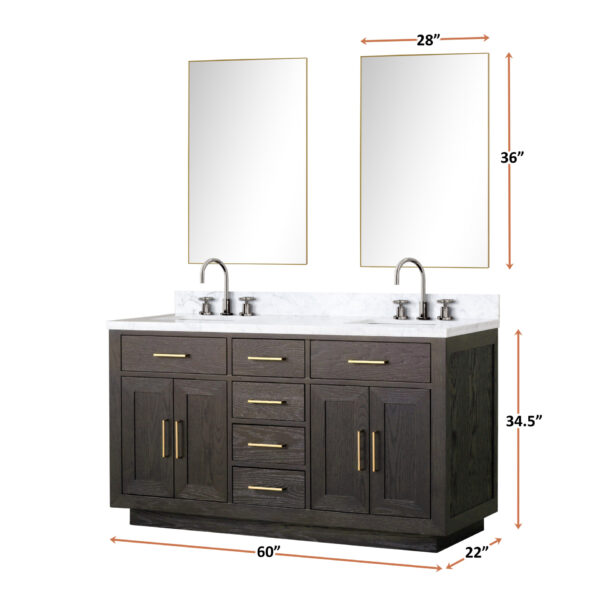 Abbey 60W x 22D Brown Oak Double Bath Vanity and Carrara Marble Top