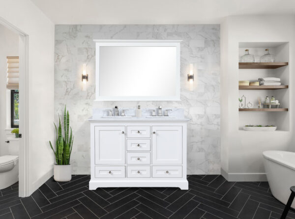 Dukes 48 in. W x 22 in. D White Double Bath Vanity, Carrara Marble Top,