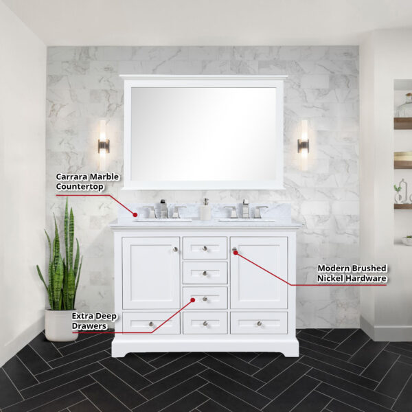 Dukes 48 in. W x 22 in. D White Double Bath Vanity, Carrara Marble Top,