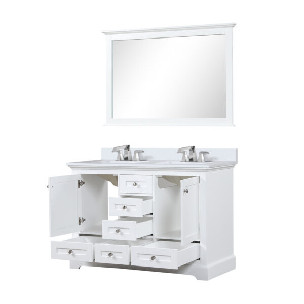 Dukes 48 in. W x 22 in. D White Double Bath Vanity, White Quartz Top, Faucet Set, 46 in. Mirror