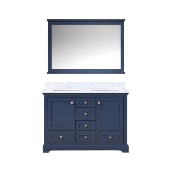 Dukes 48 in. W x 22 in. D Navy Blue Double Bath Vanity, Carrara Marble Top, and 46 in. Mirror