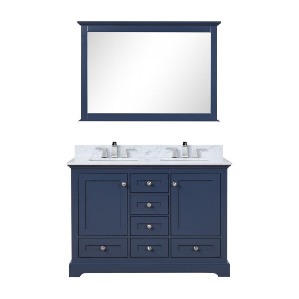 Dukes 48 in. W x 22 in. D Navy Blue Double Bath Vanity, Carrara Marble Top, Faucet Set, and 46 in. Mirror