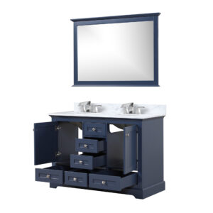 Dukes 48 in. W x 22 in. D Navy Blue Double Bath Vanity, Carrara Marble Top, Faucet Set, and 46 in. Mirror