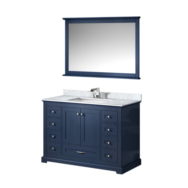 Dukes 48 in. W x 22 in. D Navy Blue Single Bath Vanity, Carrara Marble Top, Faucet Set, and 46 in. Mirror