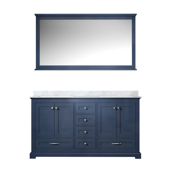 Dukes 60 in. W x 22 in. D Navy Blue Double Bath Vanity, Carrara Marble Top, and 58 in. Mirror