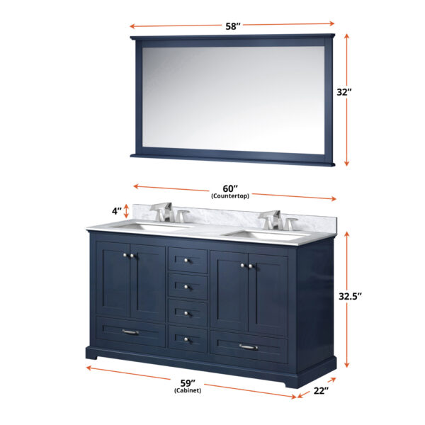 Dukes 60 in. W x 22 in. D Navy Blue Double Bath Vanity and 58 in. Mirror