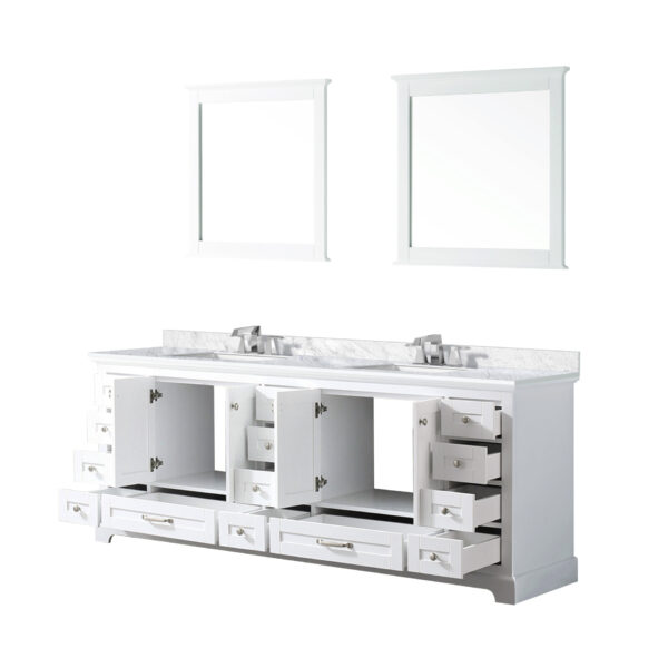 Dukes 84 in. W x 22 in. D White Double Bath Vanity, Carrara Marble Top, Faucet Set, and 34 in. Mirrors