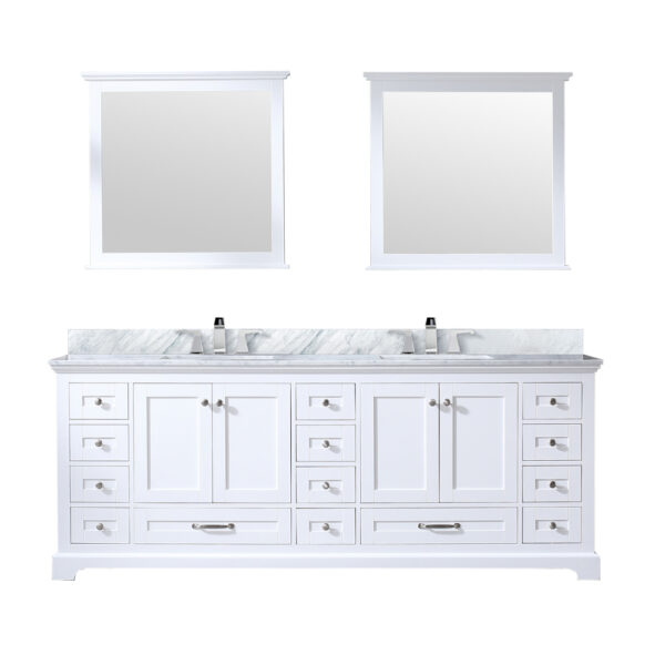 Dukes 84 in. W x 22 in. D White Double Bath Vanity, Carrara Marble Top, Faucet Set, and 34 in. Mirrors