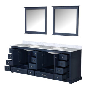 Dukes 84 in. W x 22 in. D Navy Blue Double Bath Vanity, Carrara Marble Top, and 34 in. Mirrors