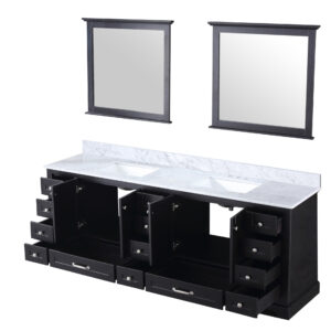 Dukes 84 in. W x 22 in. D Espresso Double Bath Vanity, Carrara Marble Top, and 34 in. Mirrors