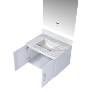 Geneva 30 in. W x 22 in. D Glossy White Bath Vanity, Carrara Marble Top, and 30 in. LED Mirror