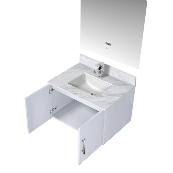 Geneva 30 in. W x 22 in. D Glossy White Bath Vanity, Carrara Marble Top, Faucet Set, and 30 in. LED Mirror