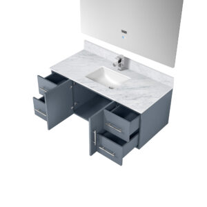 Geneva 48 in. W x 22 in. D Dark Grey Bath Vanity, Carrara Marble Top, Faucet Set, and 48 in. LED Mirror