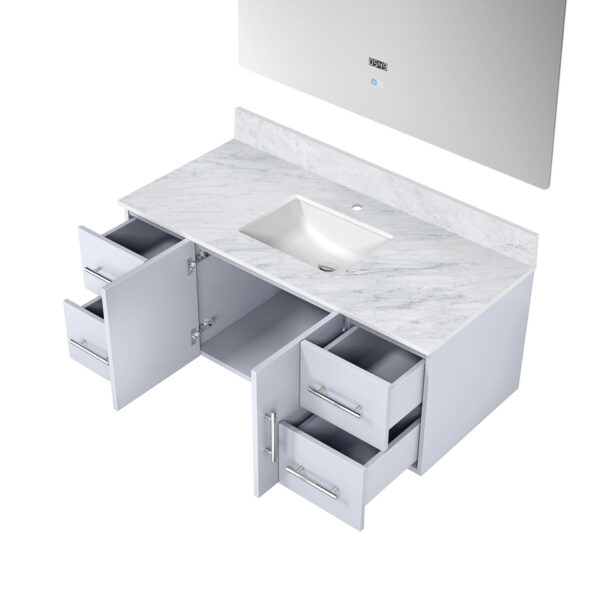 Geneva 48 in. W x 22 in. D Glossy White Bath Vanity, Carrara Marble Top, and 48 in. LED Mirror