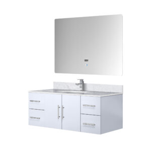 Geneva 48 in. W x 22 in. D Glossy White Bath Vanity, Carrara Marble Top, Faucet Set, and 48 in. LED Mirror