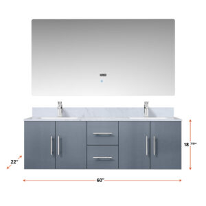 Geneva 60 in. W x 22 in. D Dark Grey Double Bath Vanity and Carrara Marble Top