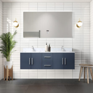 Geneva 60 in. W x 22 in. D Navy Blue Double Bath Vanity and 60 in. LED Mirror