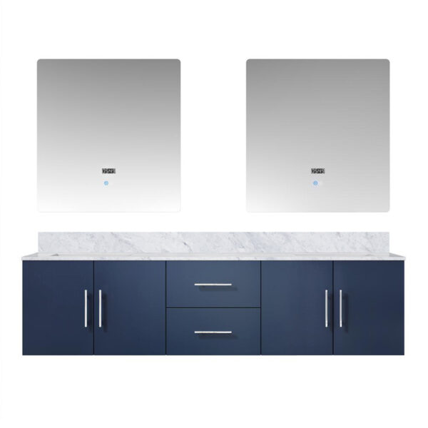 Geneva 72 in. W x 22 in. D Navy Blue Double Bath Vanity, Carrara Marble Top, and 30 in. LED Mirrors