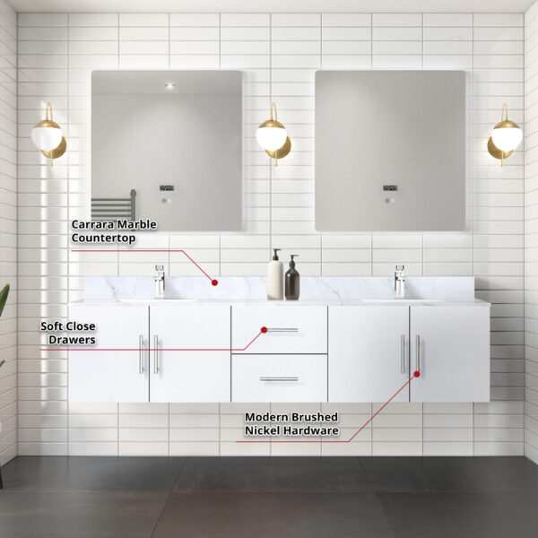 Geneva 80 in. W x 22 in. D Glossy White Double Bath Vanity and 30 in. LED Mirrors