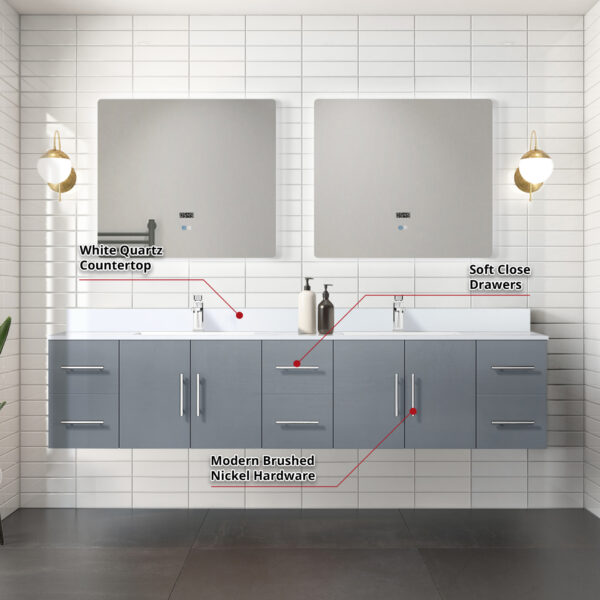 Geneva 84 in. W x 22 in. D Dark Grey Double Bath Vanity and White Quartz Top