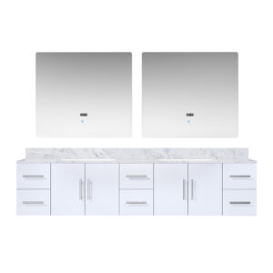 Geneva 84 in. W x 22 in. D Glossy White Double Bath Vanity, Carrara Marble Top, and 36 in. LED Mirrors