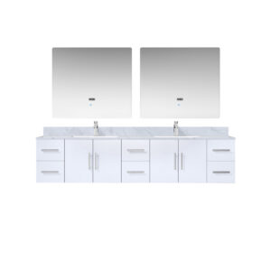 Geneva 84 in. W x 22 in. D Glossy White Double Bath Vanity, Carrara Marble Top, Faucet Set, and 36 in. LED Mirrors