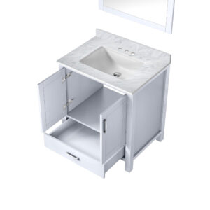 Jacques 30 in. W x 22 in. D White Bath Vanity, Carrara Marble Top, and 28 in. Mirror