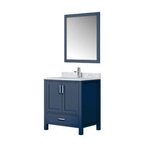 Jacques 30 in. W x 22 in. D Navy Blue Bath Vanity, Carrara Marble Top, Faucet Set, and 28 in. Mirror