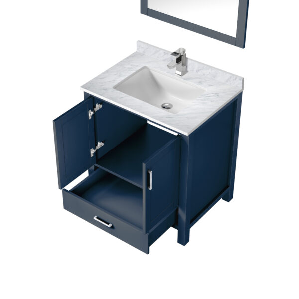 Jacques 30 in. W x 22 in. D Navy Blue Bath Vanity, Carrara Marble Top, Faucet Set, and 28 in. Mirror