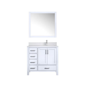 Jacques 36 in. W x 22 in. D Right Offset White Bath Vanity, Cultured Marble Top, Faucet Set, and 34 in. Mirror