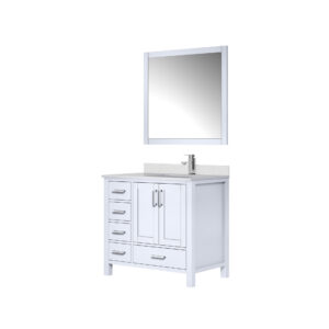 Jacques 36 in. W x 22 in. D Right Offset White Bath Vanity, Cultured Marble Top, Faucet Set, and 34 in. Mirror