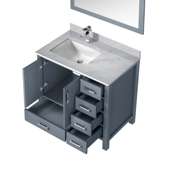 Jacques 36 in. W x 22 in. D Left Offset Dark Grey Bath Vanity, Carrara Marble Top, Faucet Set, and 34 in. Mirrors