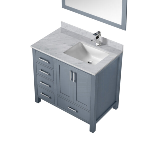 Jacques 36 in. W x 22 in. D Right Offset Dark Grey Bath Vanity, Carrara Marble Top, Faucet Set, and 34 in. Mirrors