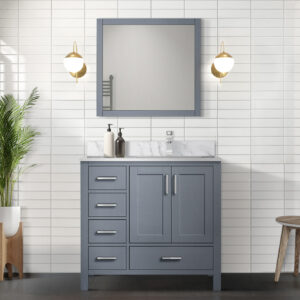 Jacques 36 in. W x 22 in. D Right Offset Dark Grey Bath Vanity, Carrara Marble Top, Faucet Set, and 34 in. Mirrors