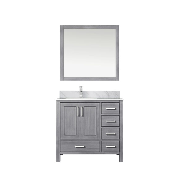 Jacques 36 in. W x 22 in. D Left Offset Distressed Grey Bath Vanity, Carrara Marble Top, Faucet Set, and 34 in. Mirrors