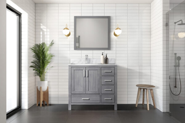 Jacques 36 in. W x 22 in. D Left Offset Distressed Grey Bath Vanity and 34 in. Mirrors