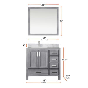 Jacques 36 in. W x 22 in. D Left Offset Distressed Grey Bath Vanity and 34 in. Mirrors