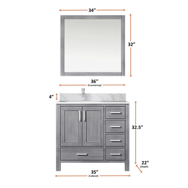 Jacques 36 in. W x 22 in. D Left Offset Distressed Grey Bath Vanity and 34 in. Mirrors