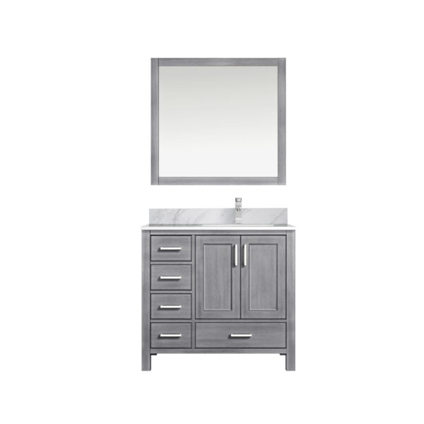 Jacques 36 in. W x 22 in. D Right Offset Distressed Grey Bath Vanity, Carrara Marble Top, Faucet Set, and 34 in. Mirrors