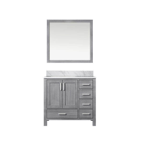 Jacques 36 in. W x 22 in. D Left Offset Distressed Grey Bath Vanity, Carrara Marble Top, and 34 in. Mirrors