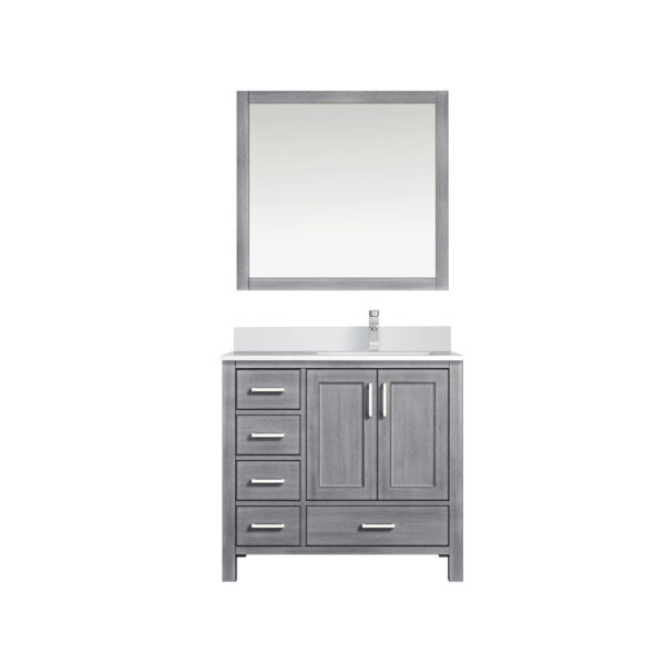 Jacques 36 in. W x 22 in. D Right Offset Distressed Grey Bath Vanity, Cultured Marble Top, Faucet Set, and 34 in. Mirror